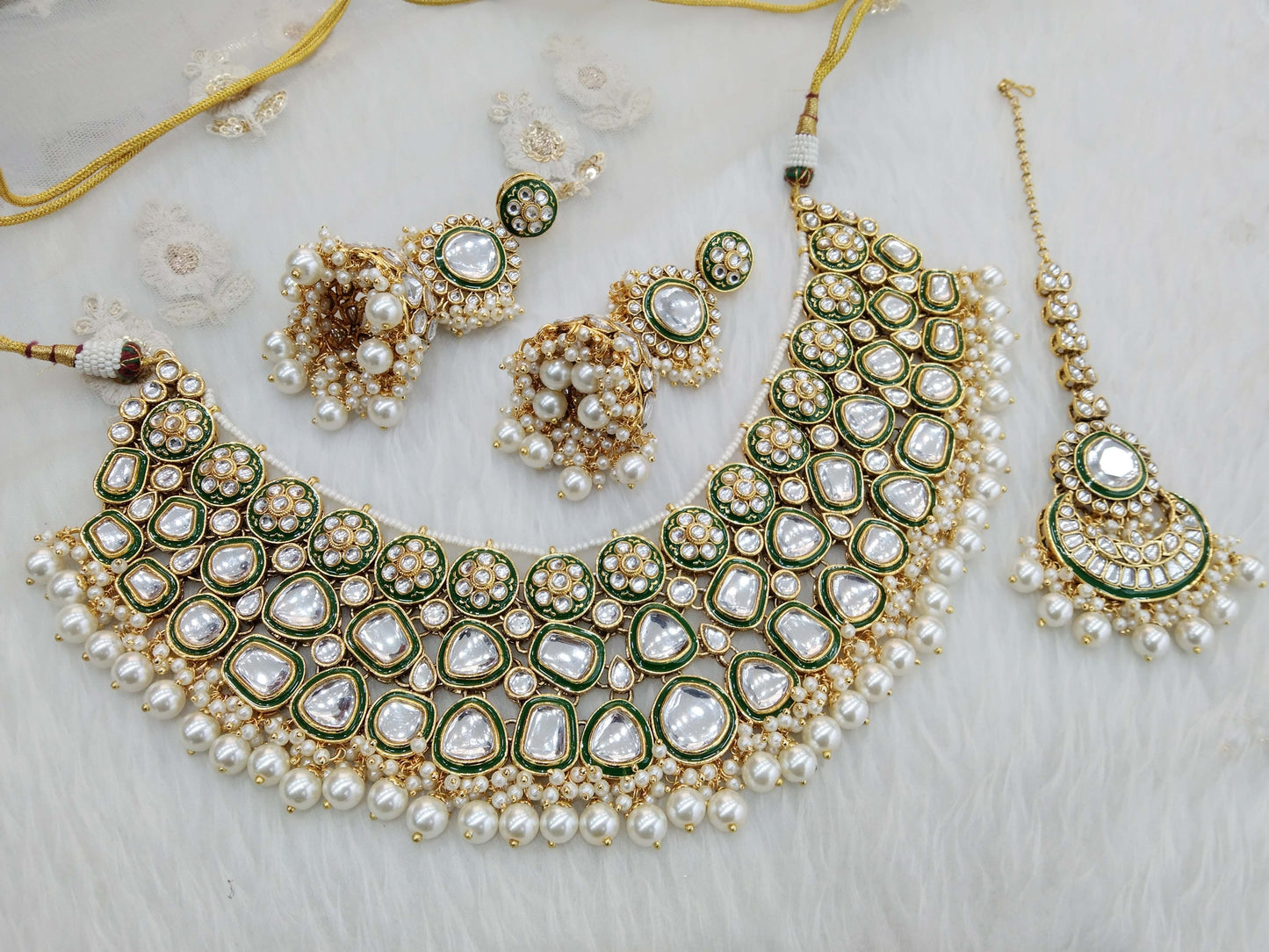 Indian Jewellery/ Gold white Bridal Kundan necklace Set Bridal Jewellery Tiny Necklace