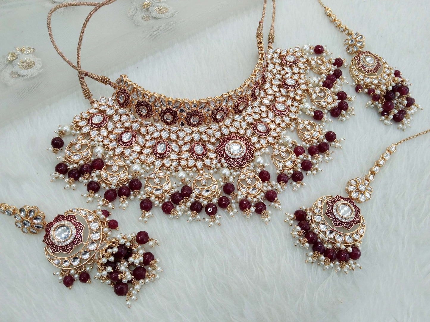 Rose gold maroon kundan necklace Set/ Rose gold Indian kundan sets