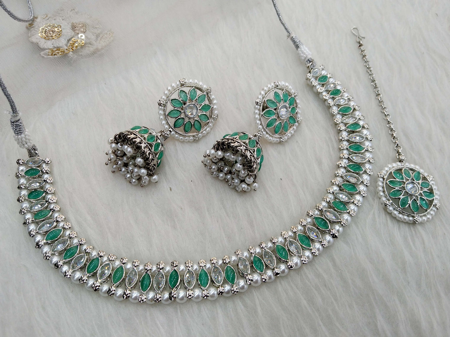 Indian Jewellery/Silver rama green necklace Set//jewellery sitara sets