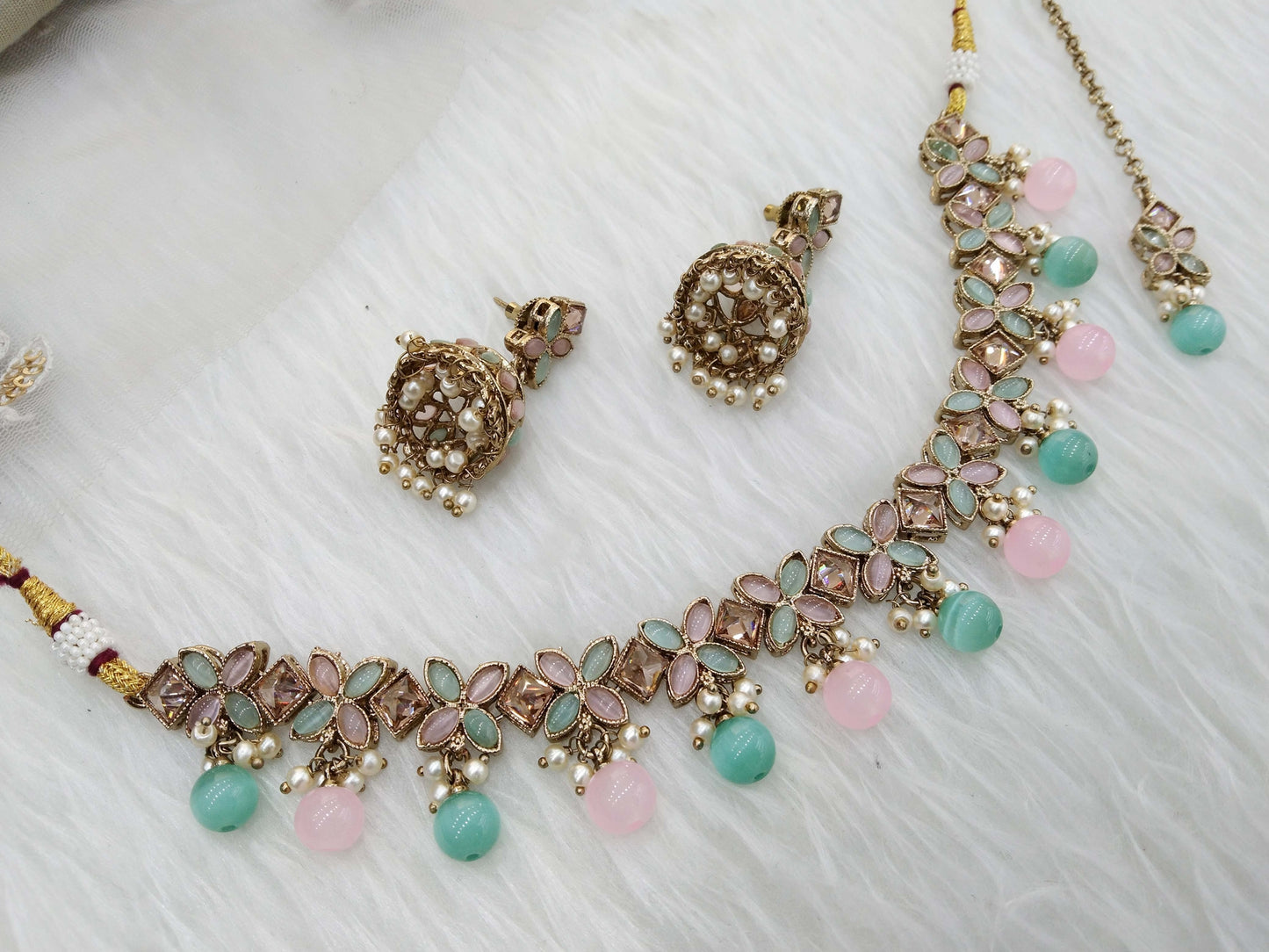Antique Gold Necklace Set/ sea green pink Necklace Set Jewellery set/sona jewellery Set