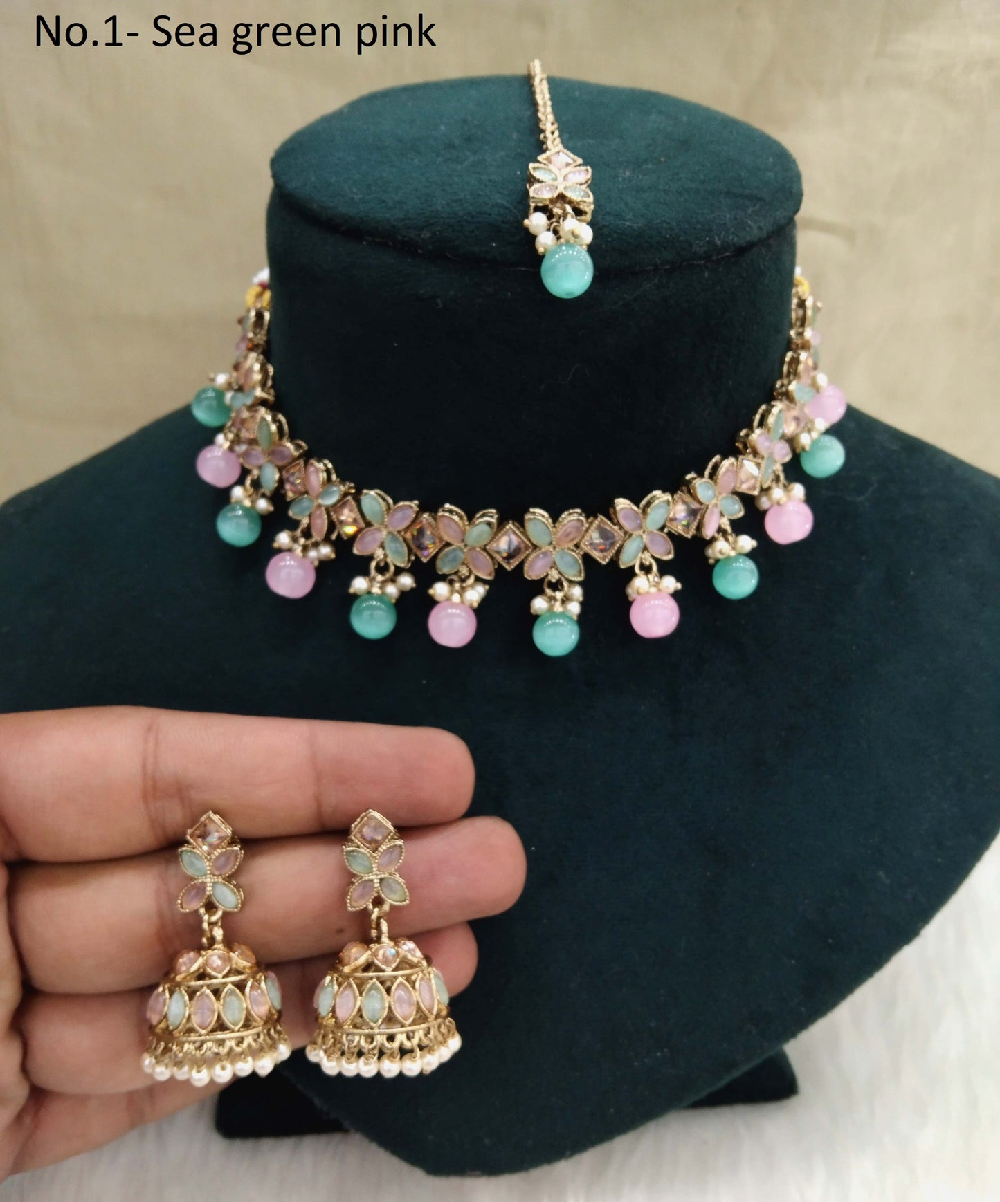 Antique Gold Necklace Set/ sea green pink Necklace Set Jewellery set/sona jewellery Set