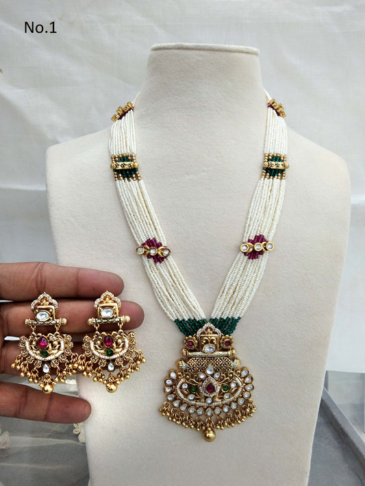 Gold Finish Navrattan Rani Haar Necklace Set/Gold White Indian Necklace Set/ Indian Jewellery/Muslim Long Necklace sites Set