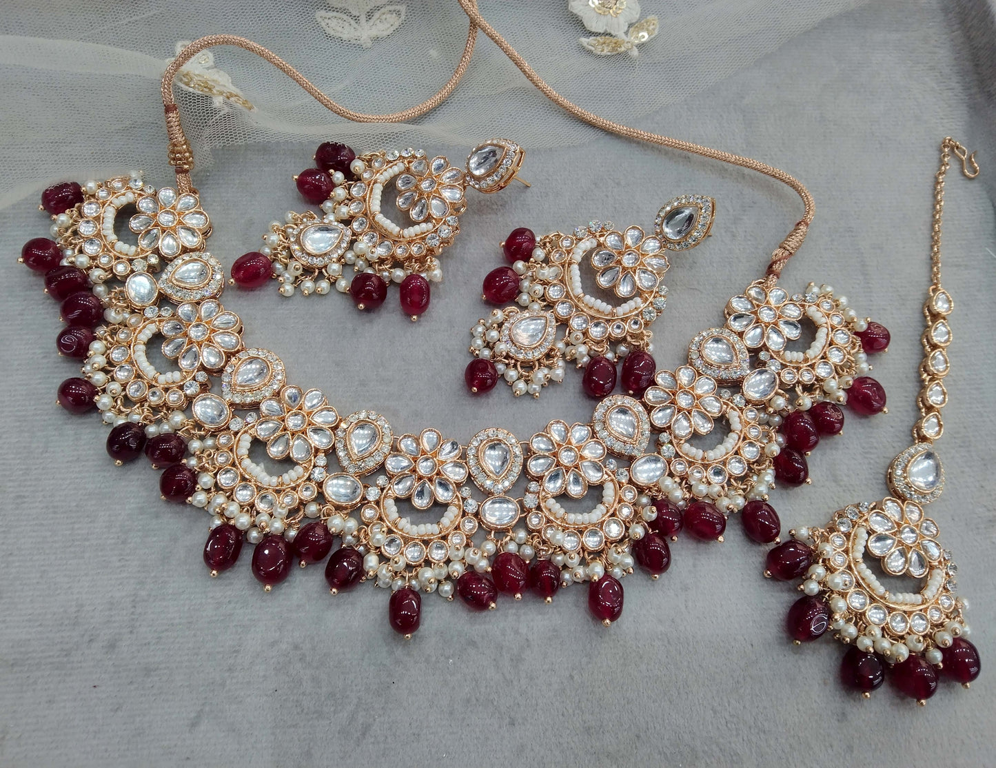 Rose gold maroon kundan necklace Set/ Rose gold Indian kundan hipi sets