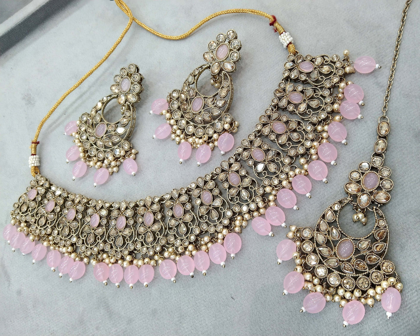 Antique Gold Cecklace Set/ dark gold pink necklace Indian oory jewellery set