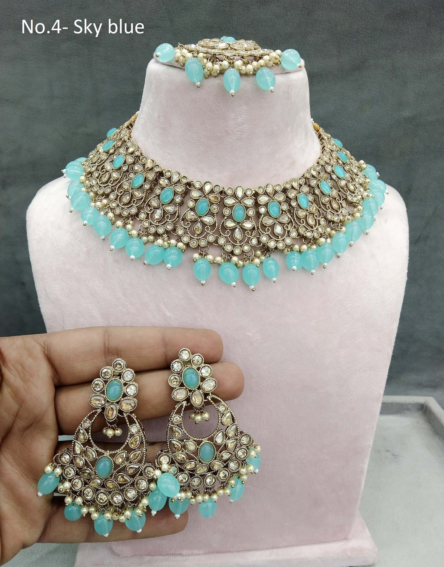 Antique Gold Necklace Jewellery Set/ dark gold sky blue necklace Indian oory jewellery set Online