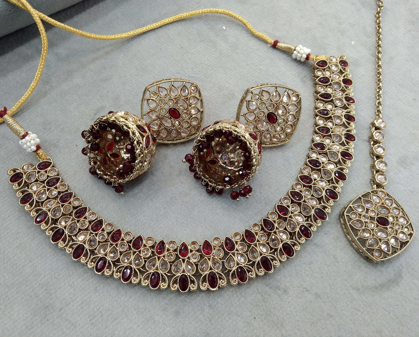 Antique Gold Wedding Necklace Jewellery Set/ dark gold Maroon Indian Bridal Wedding niti Jewellery