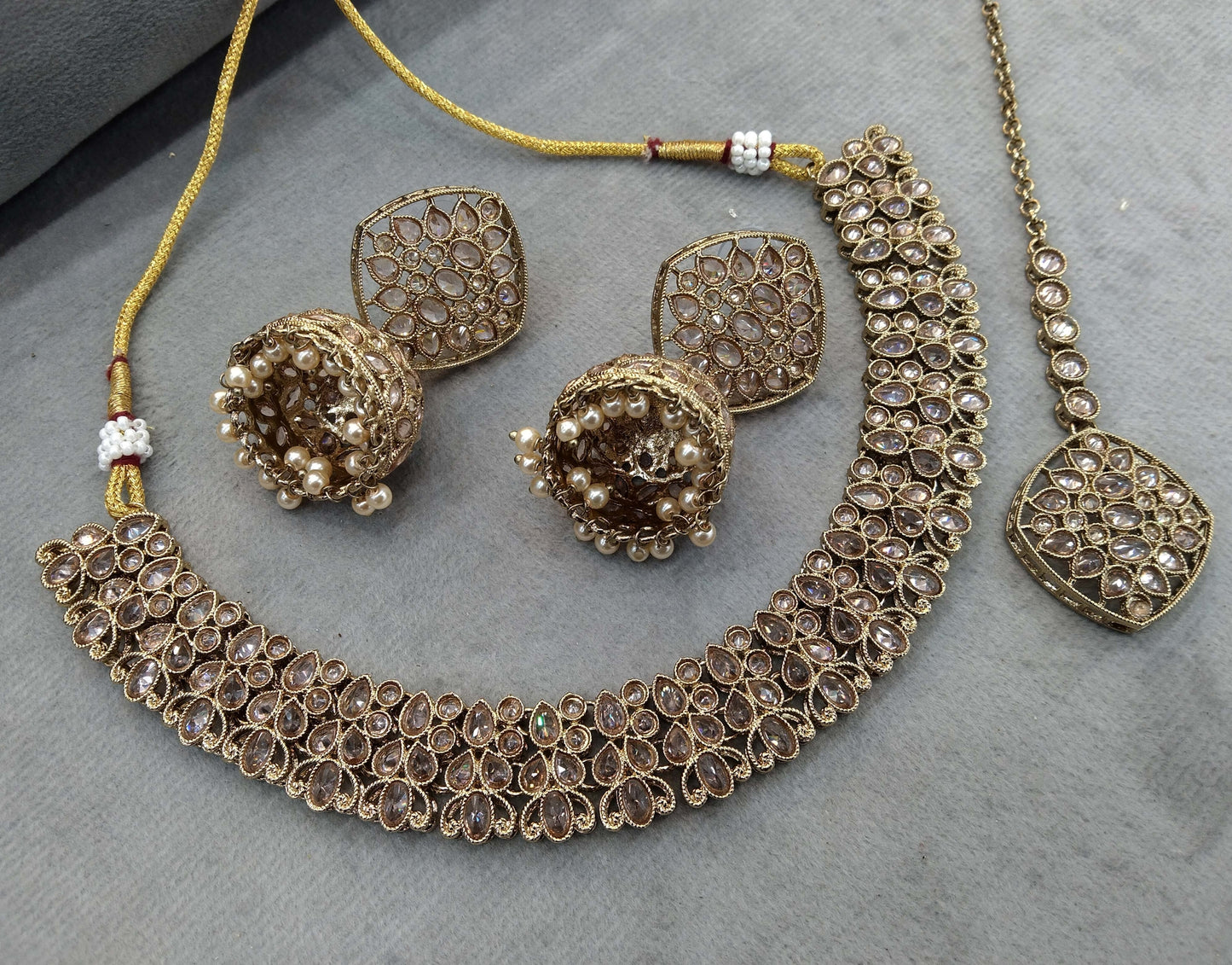 Antique Gold Necklace Jewellery Set/ dark gold Indian Bridal Wedding niti Jewellery