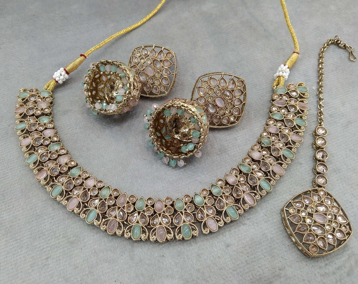 Antique Gold Necklace Jewellery Set/ dark gold pink Indian Bridal Wedding niti Jewellery