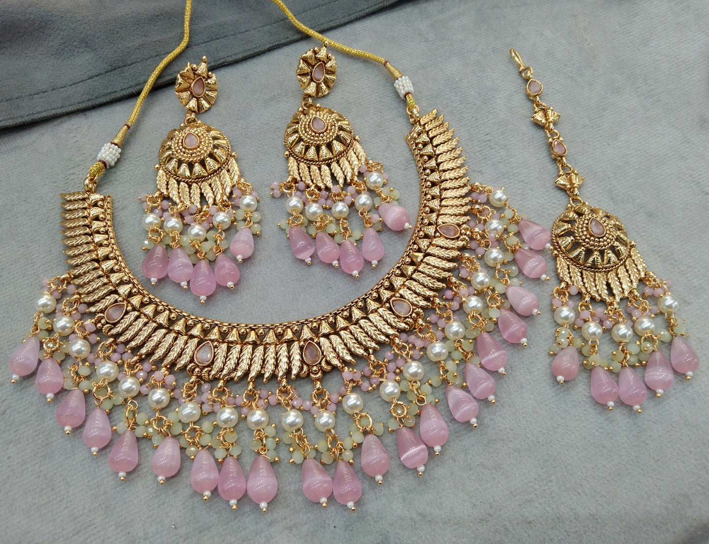 Gold pink polki necklace Indian punjabi birpal Jewellery