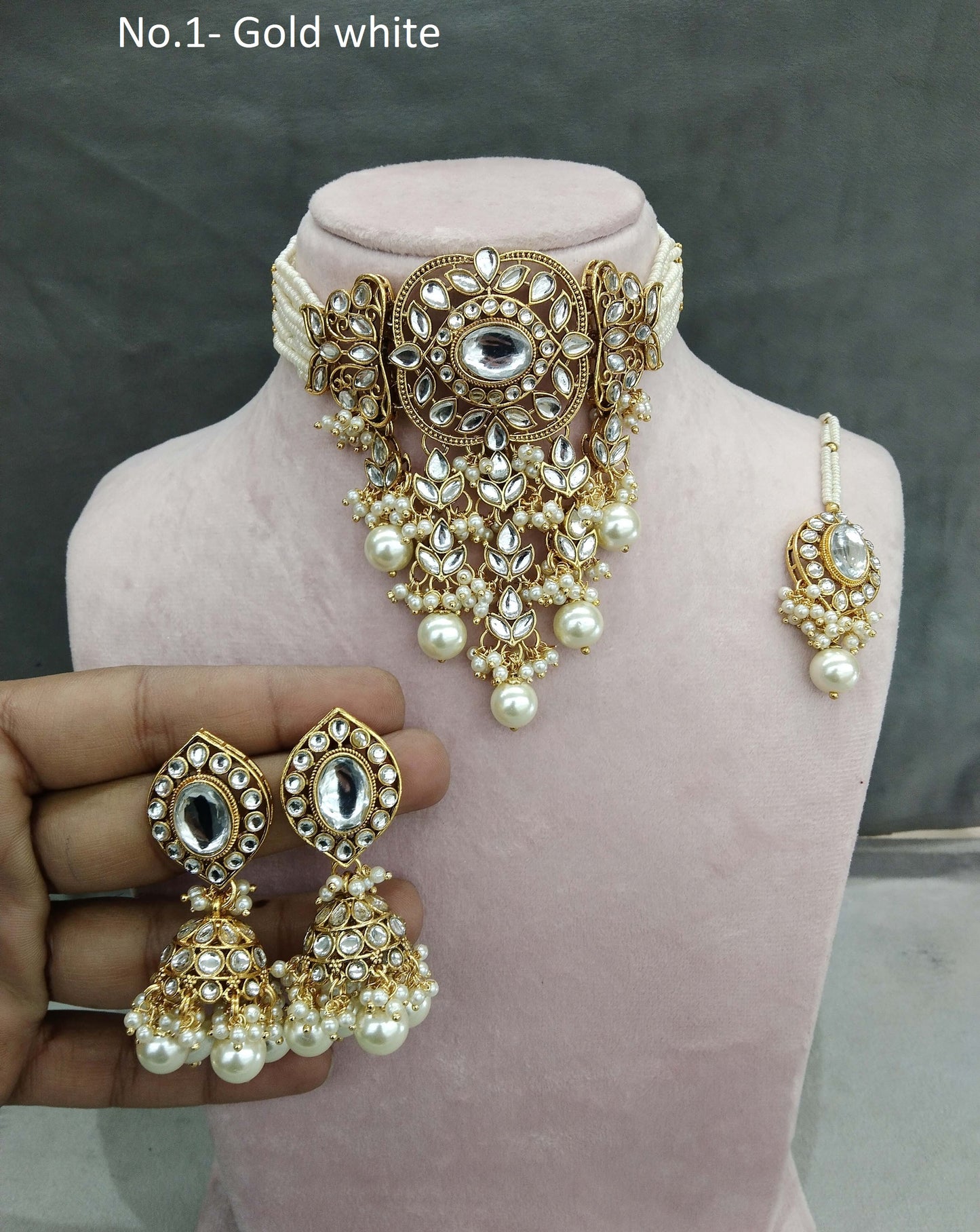 Ivory Indian Jewellery Gold White Kundan Choker Arsh Set