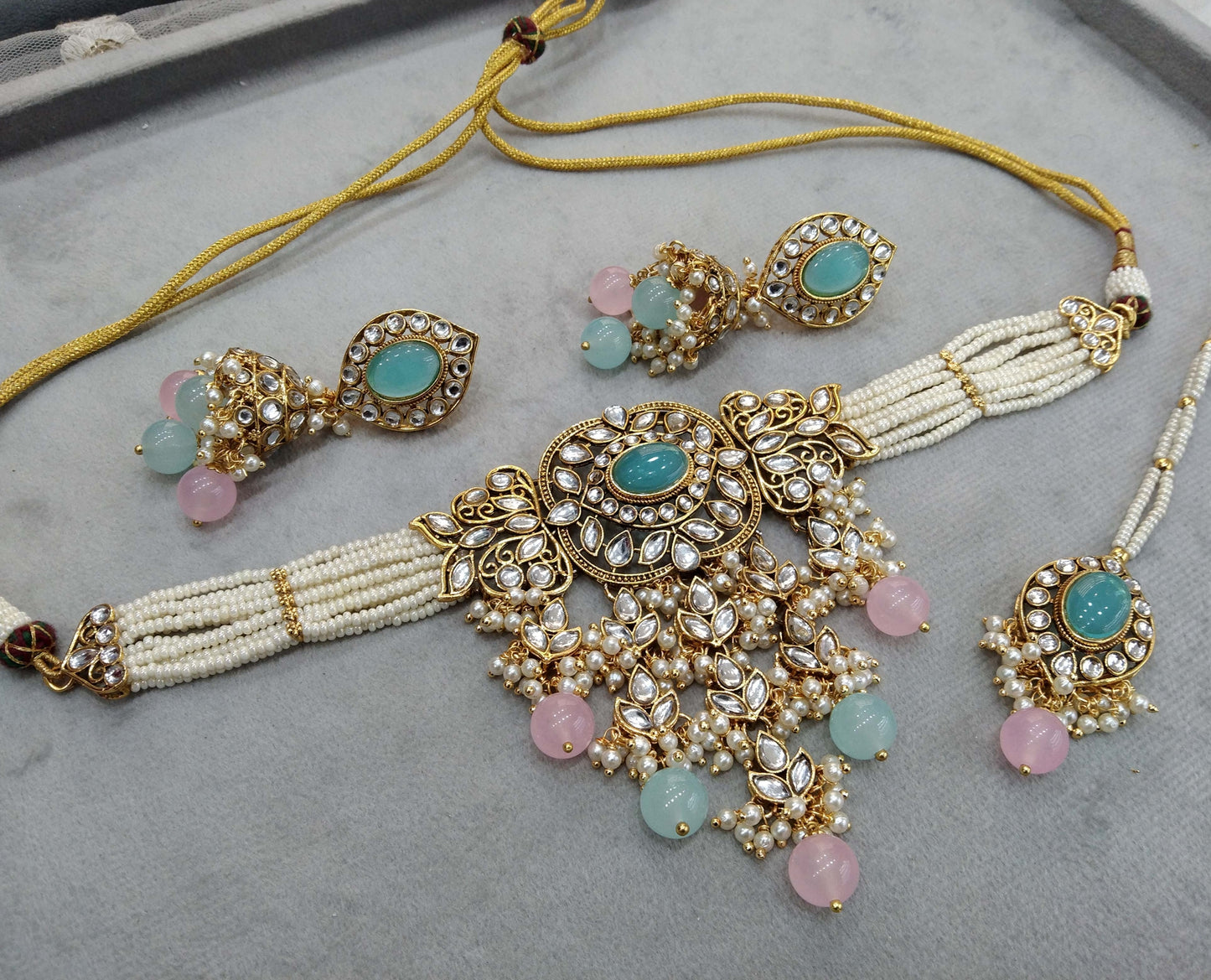 Indian jewellery Gold sea green pink kundan choker arsh set
