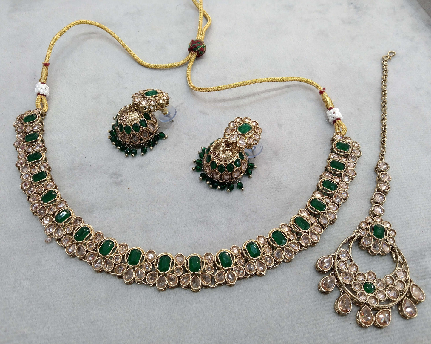 Antique gold green Indian niti Jewellery necklace set