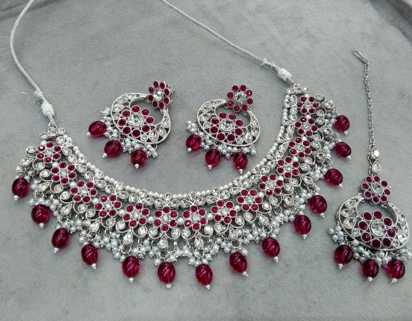 Indian   Jewellery/ Silver majenta necklace shine set
