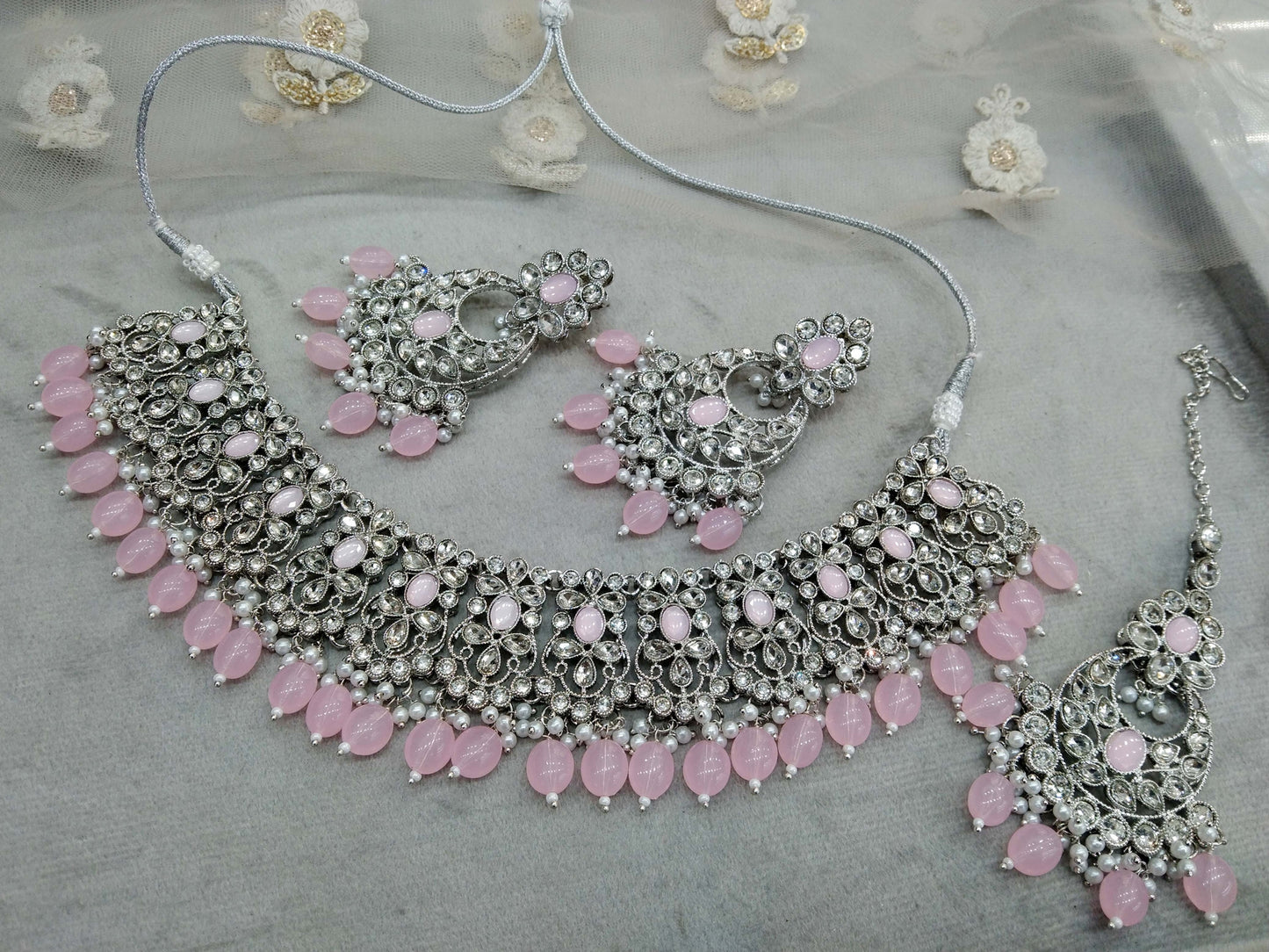 Silver pink necklace Indian Bridal Jewellery liva set