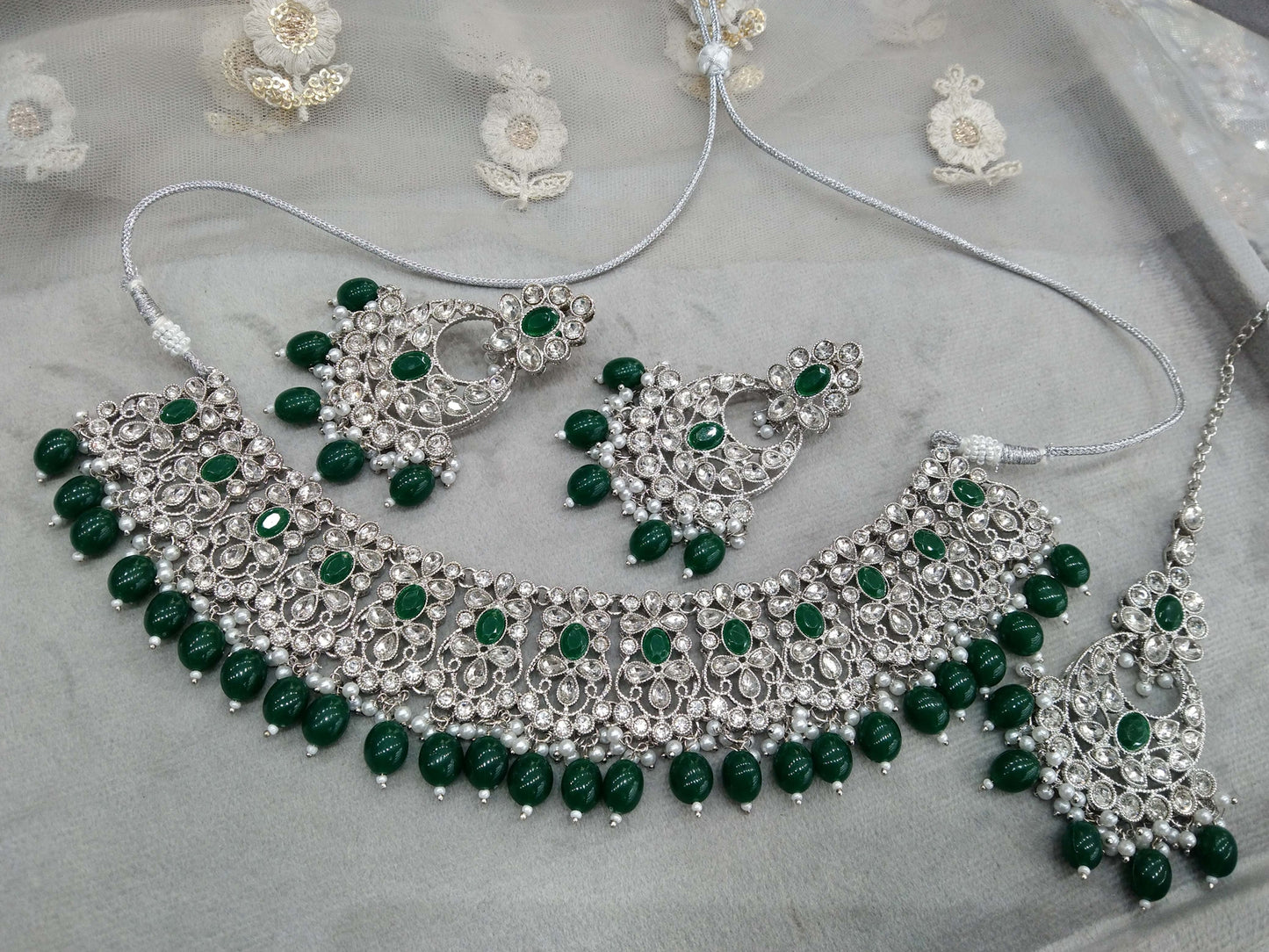 Silver green necklace Indian Bridal Jewellery set