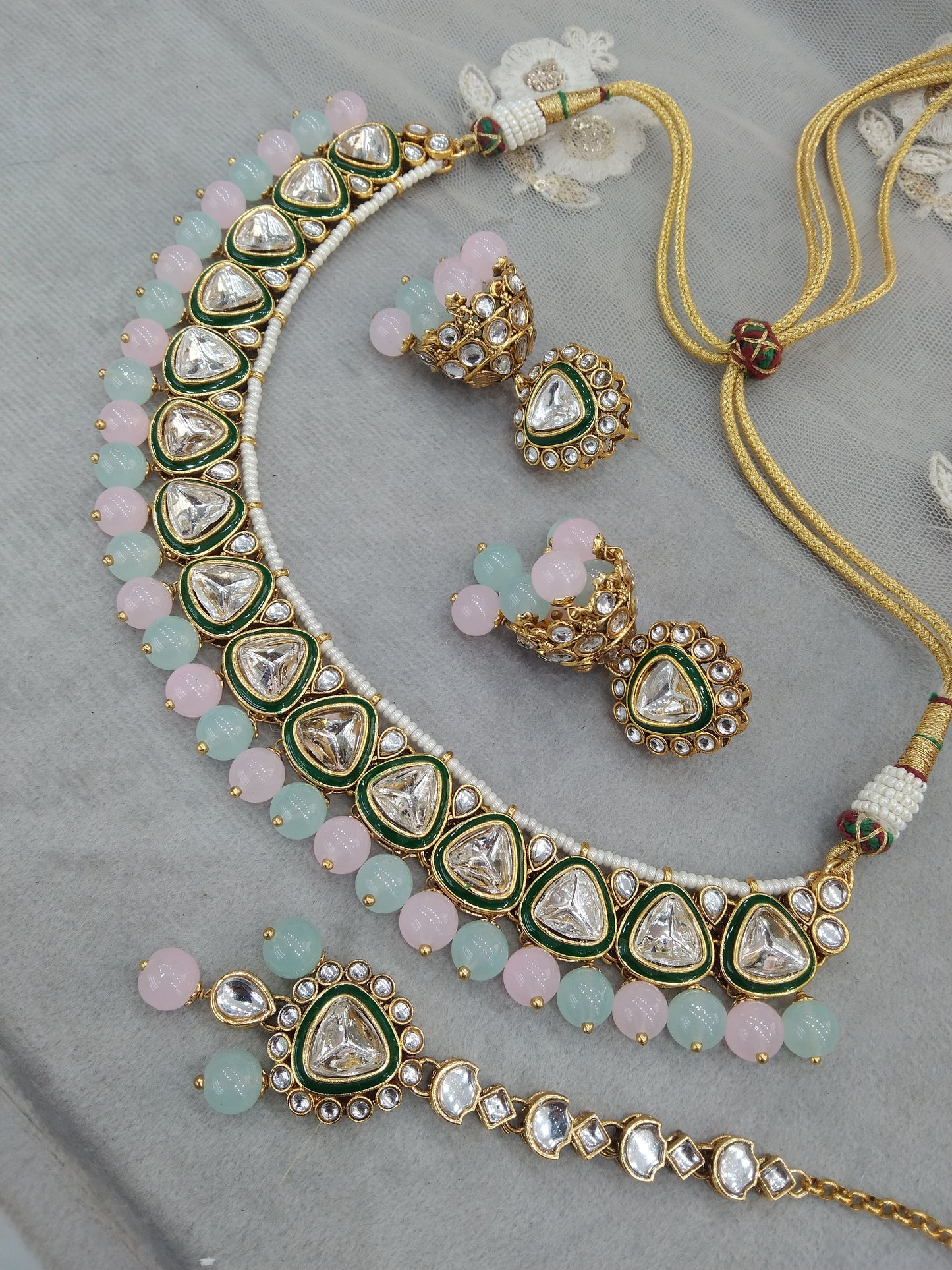 Gold sea green pink Kundan necklace Set/ Gold kundan Indian jewellery kundan aely sets