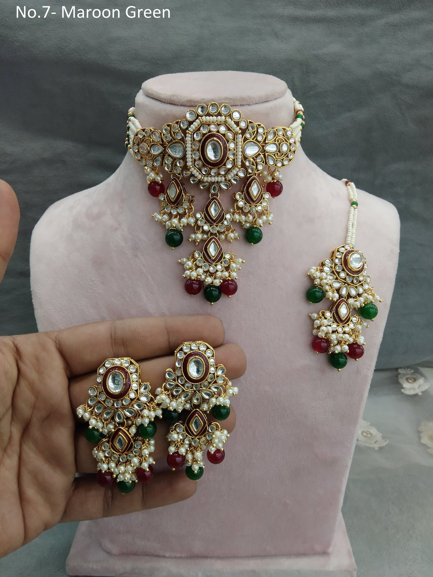 Indian Jewellery Gold Maroon green kundan choker set/ kundan choker kundan ciylo set