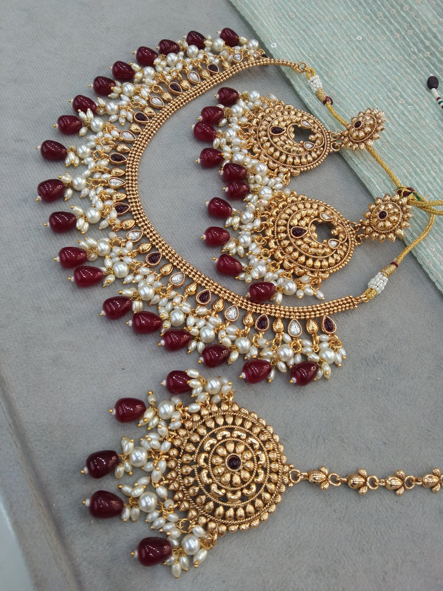 Gold maroon polki necklace Indian punjabi birpal Jewellery