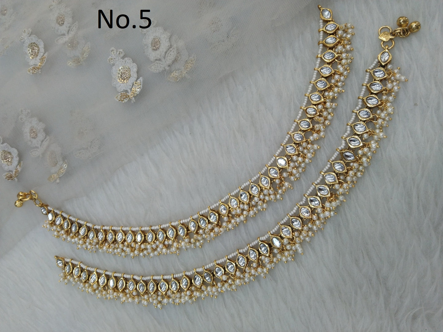 Gold finish kundan anklets Foot Pair Bracelet Indian Payal Jhanjar Jewellery