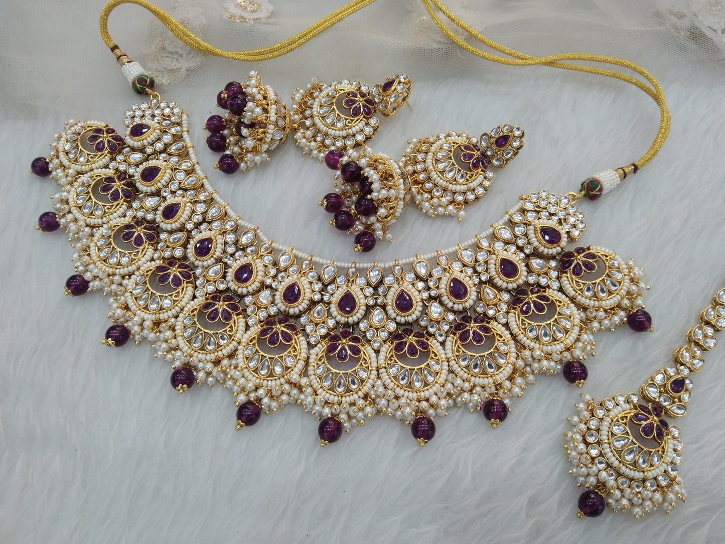 Indian Jewellery/ Gold purple Kundan necklace Set Indian gold Harris Necklace