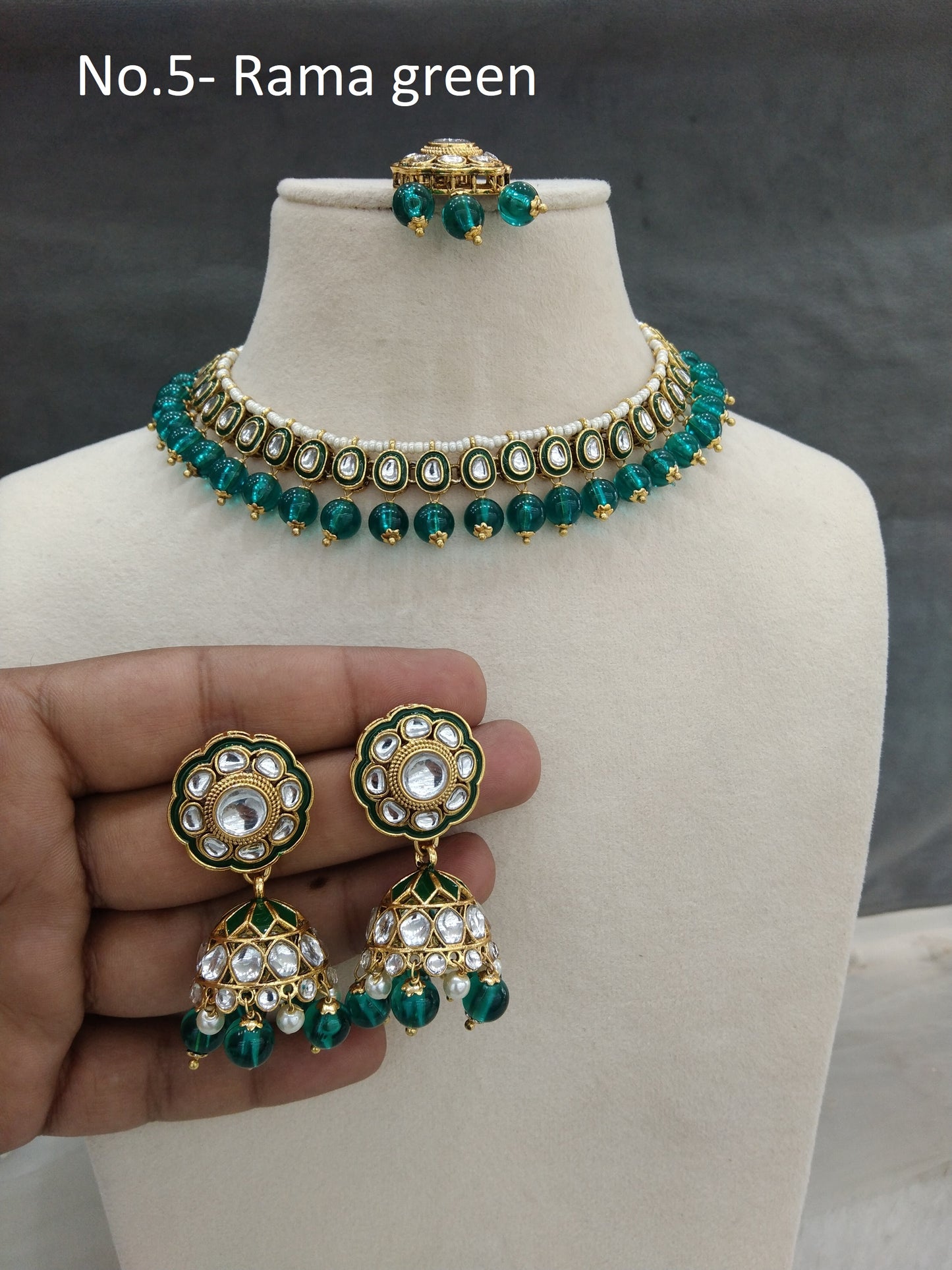 Indian jewellery gold rama green kundan necklace Set/ kundan holi Set