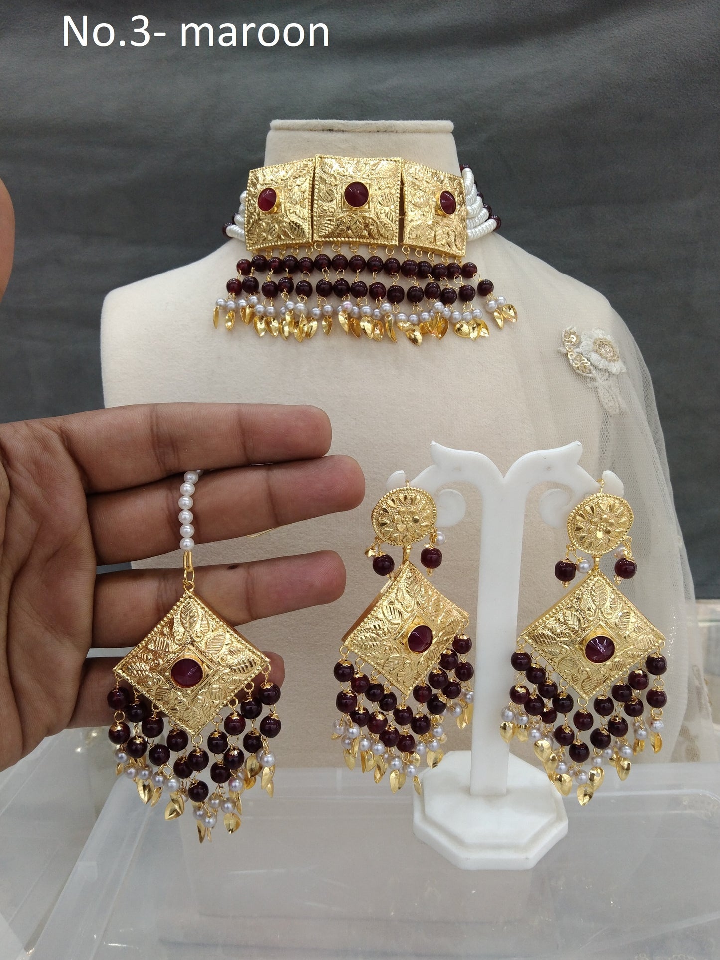 Indian Jewellery/Bridal Gold maroon jadau choker pippal patti Set