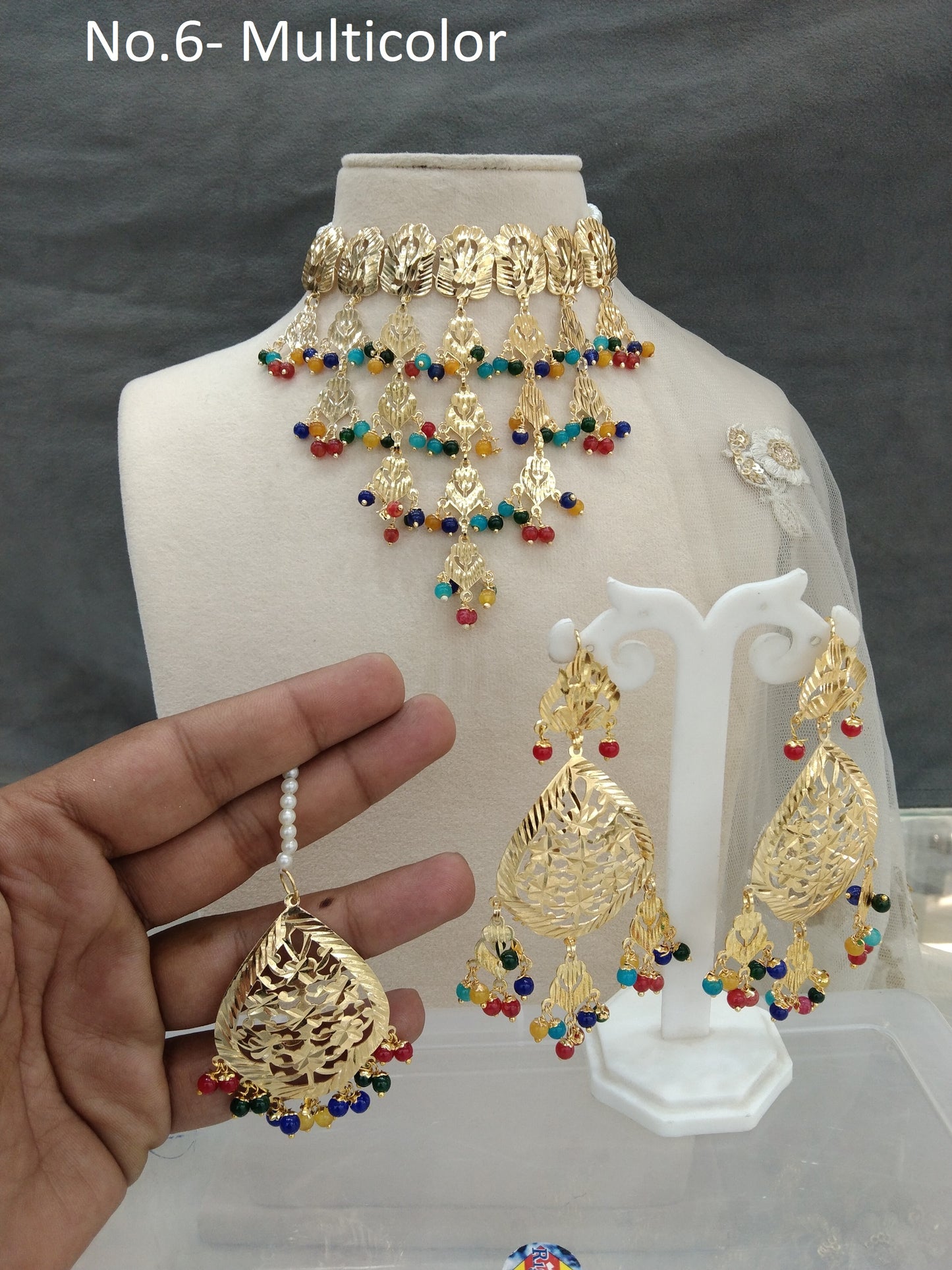 Indian Jewellery/Bridal Gold multicolor jadau choker pippal patti Set