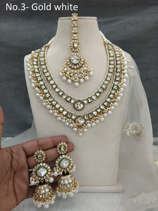 Indian Jewellery/ Gold white Bridal Kundan layered necklace Set Indian  Necklace