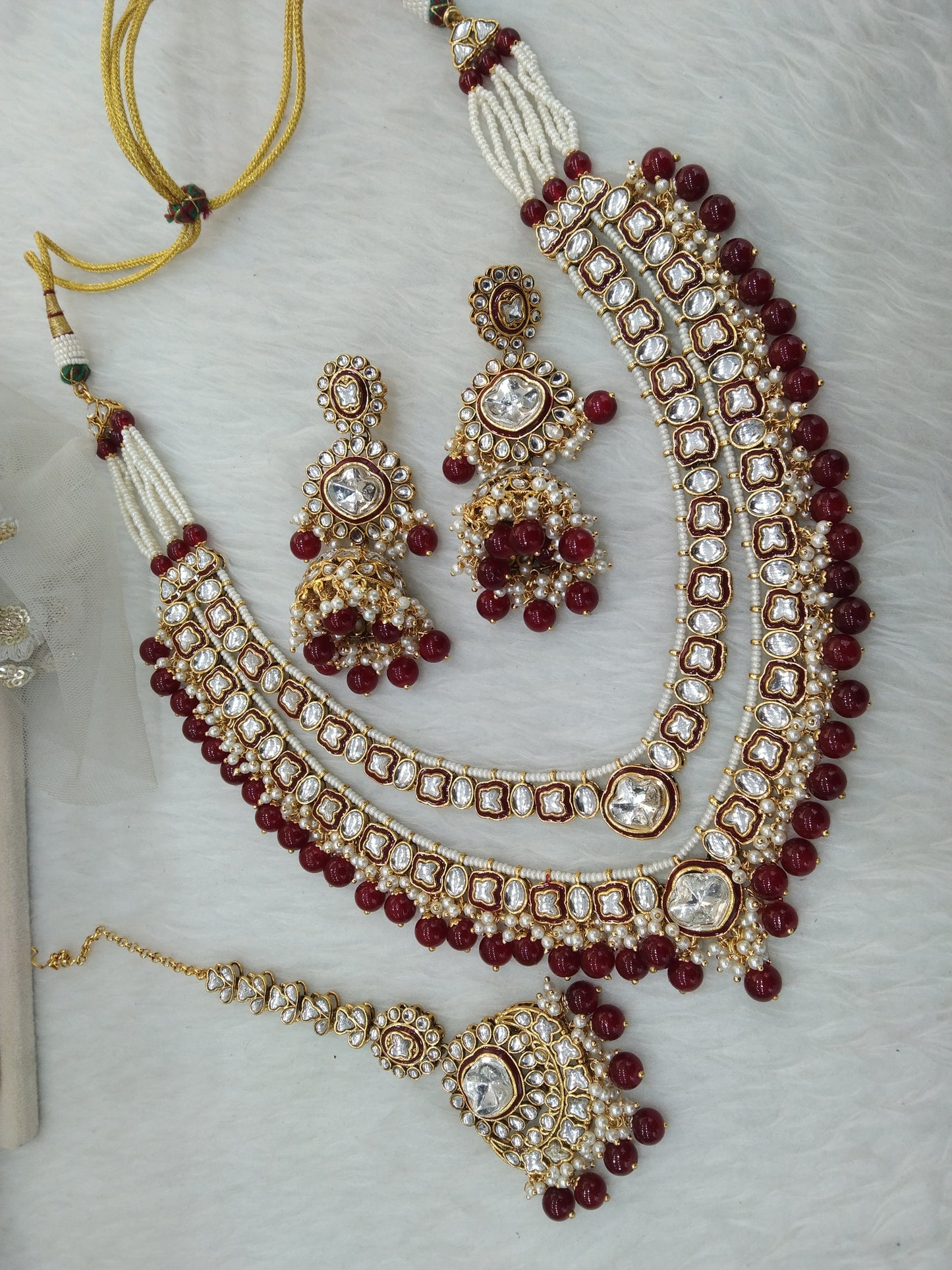 Indian Jewellery/ Gold maroon Bridal Kundan layered necklace Set Indian Necklace