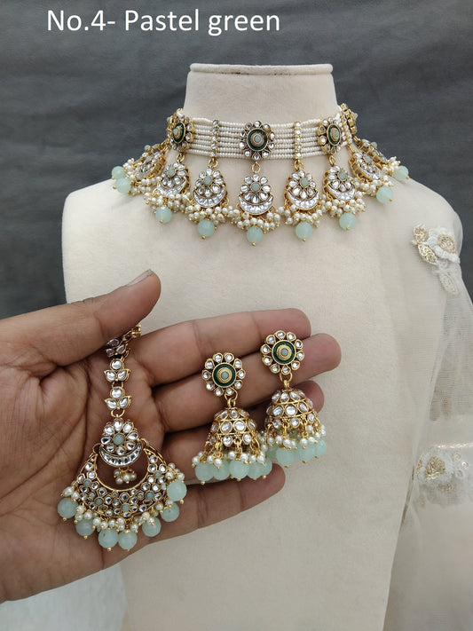Indian  jewellery Gold pastel green kundan choker set/ kundan choker kundan hiska set