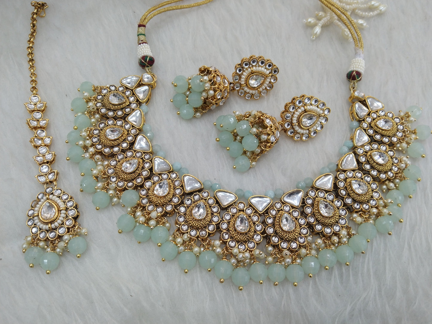 Gold sea green Kundan necklace Set/ Gold kundan Indian jewellery kundan relly sets