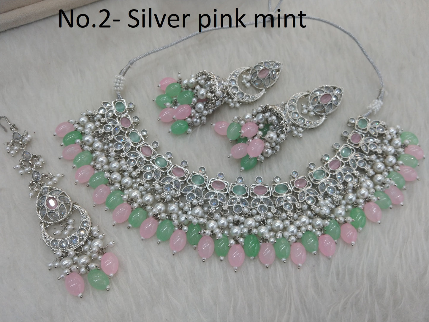 Indian Jewellery silver pink mint Necklace Tikka Set/Gold Bollywood Necklace burbank Set