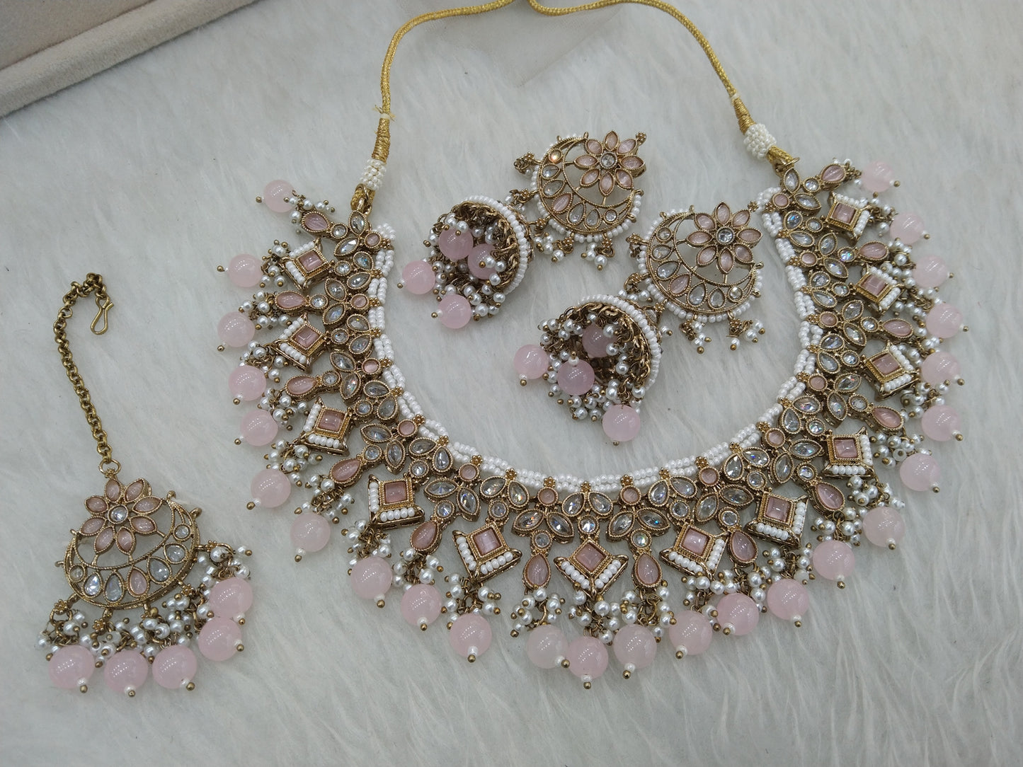 Indian Jewellery antique pink Necklace Tikka Set/Gold Bollywood Necklace burbank Set