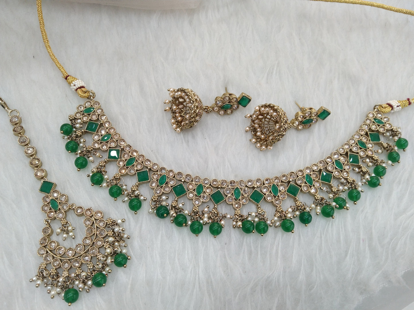 Antique Gold Necklace Jewellery Set/ Necklace Set Jewellery set /Indian Antique green necklace set/Bridesmaid Jewellery/Shina jewellery Set Online