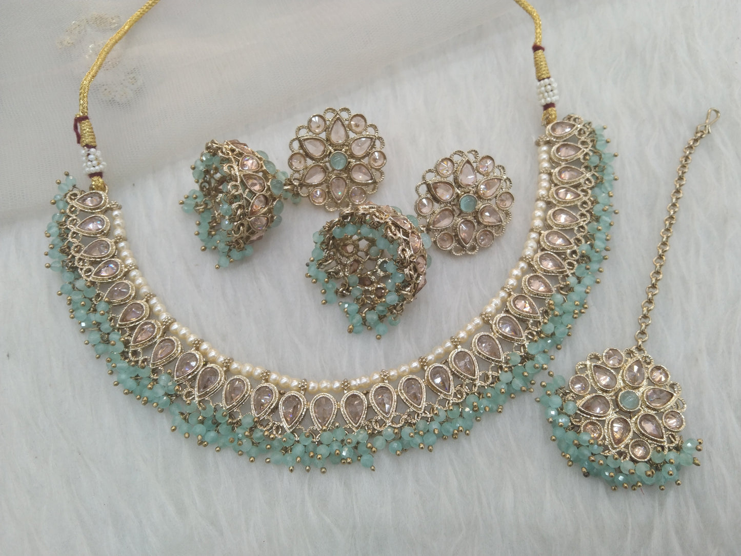 Antique Gold Wedding Necklace Jewellery Set/ Dark gold sea green Indian Bridal Wedding arts Jewellery