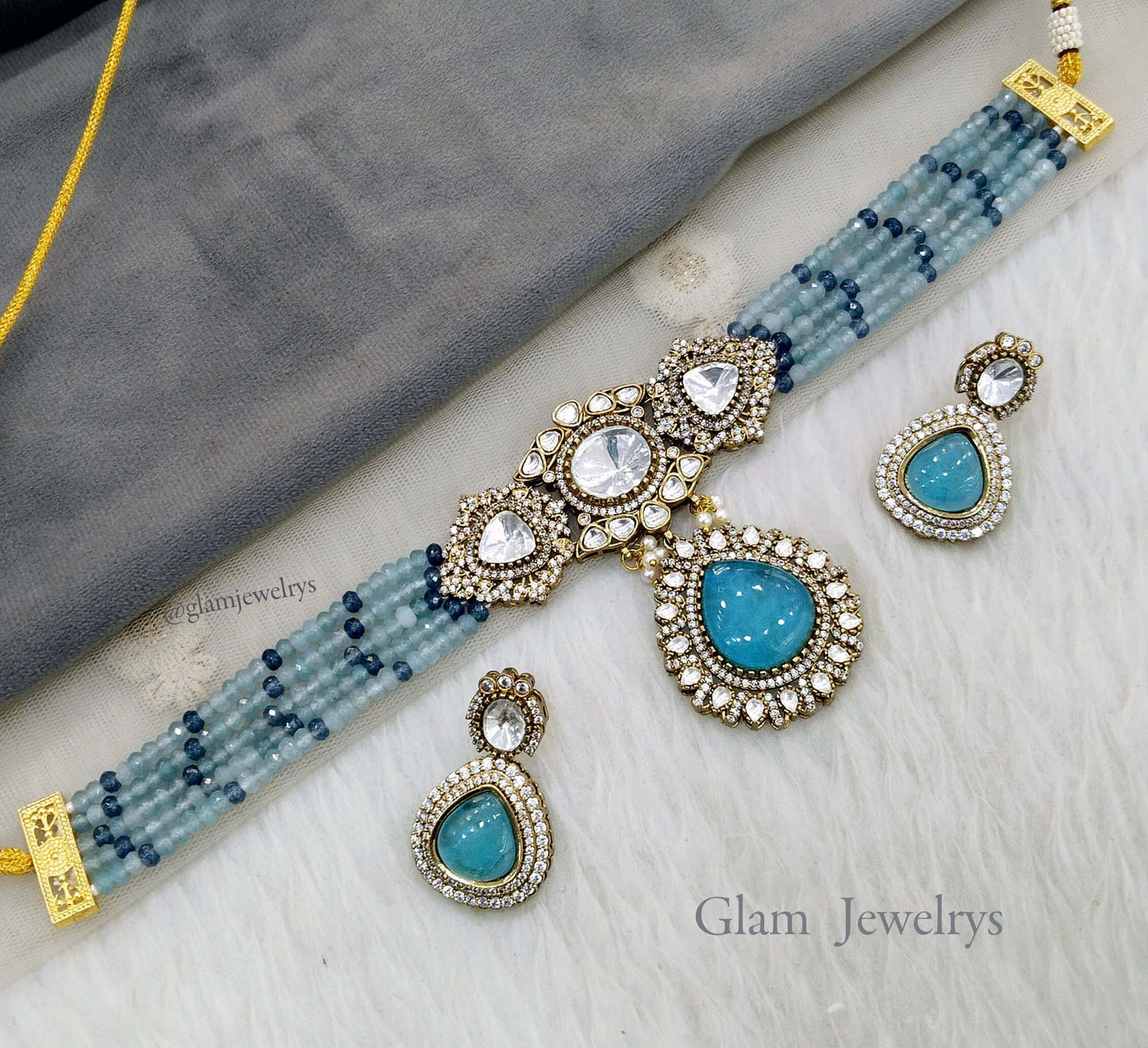 Moissanite Indian jewellery blue kundan choker set/ kundan choker kundan sunita set