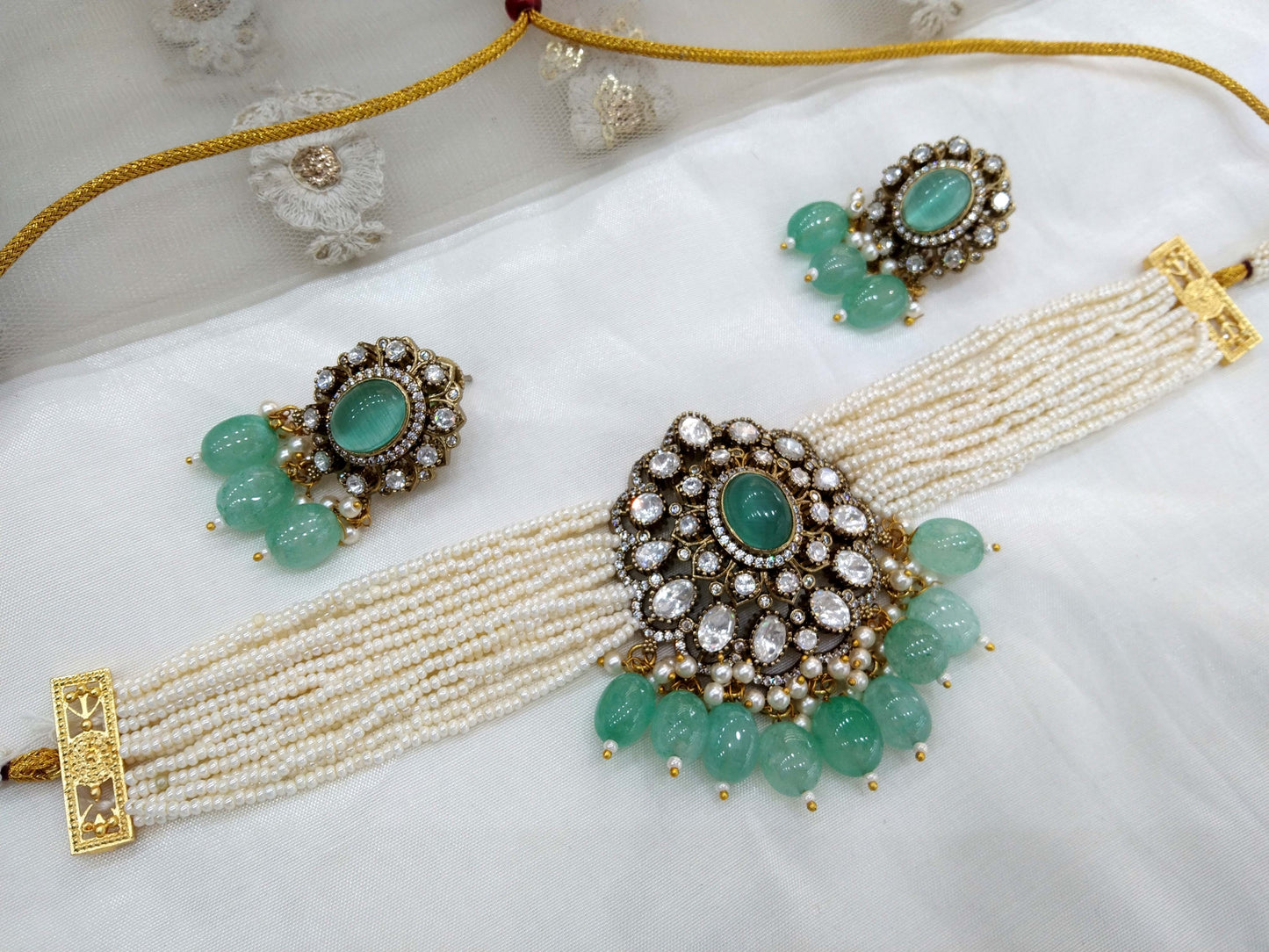 Moissanite Sea Green Choker Indian Jewellery Sunita Wedding Set