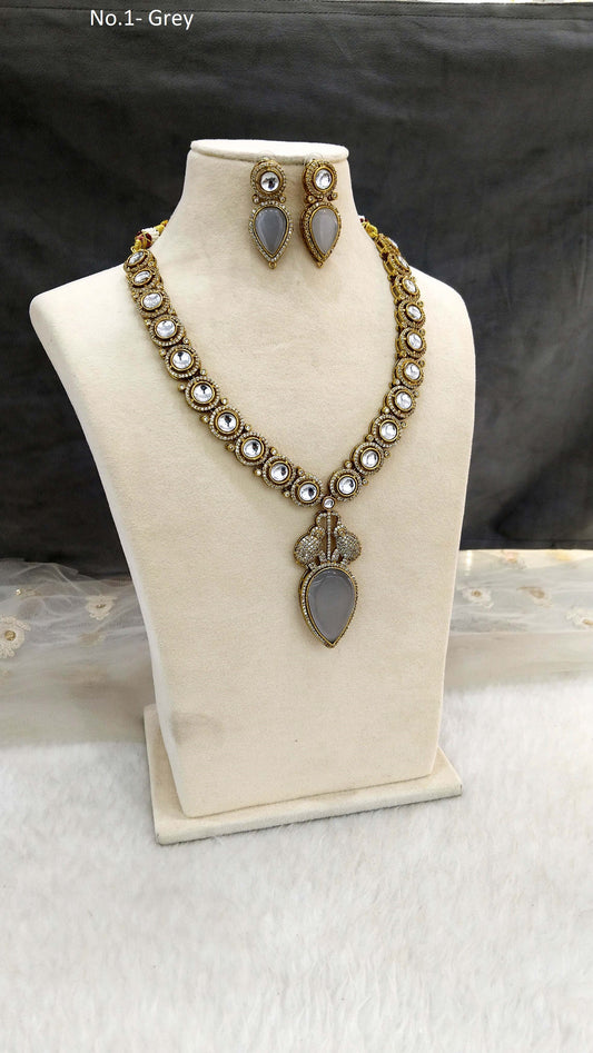 Moissanite kundan long grey necklace set Indian Jewellery Sunita Wedding Set