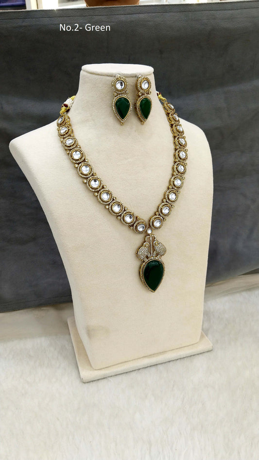 Moissanite kundan long Green necklace set Indian Jewellery Sunita Wedding Set