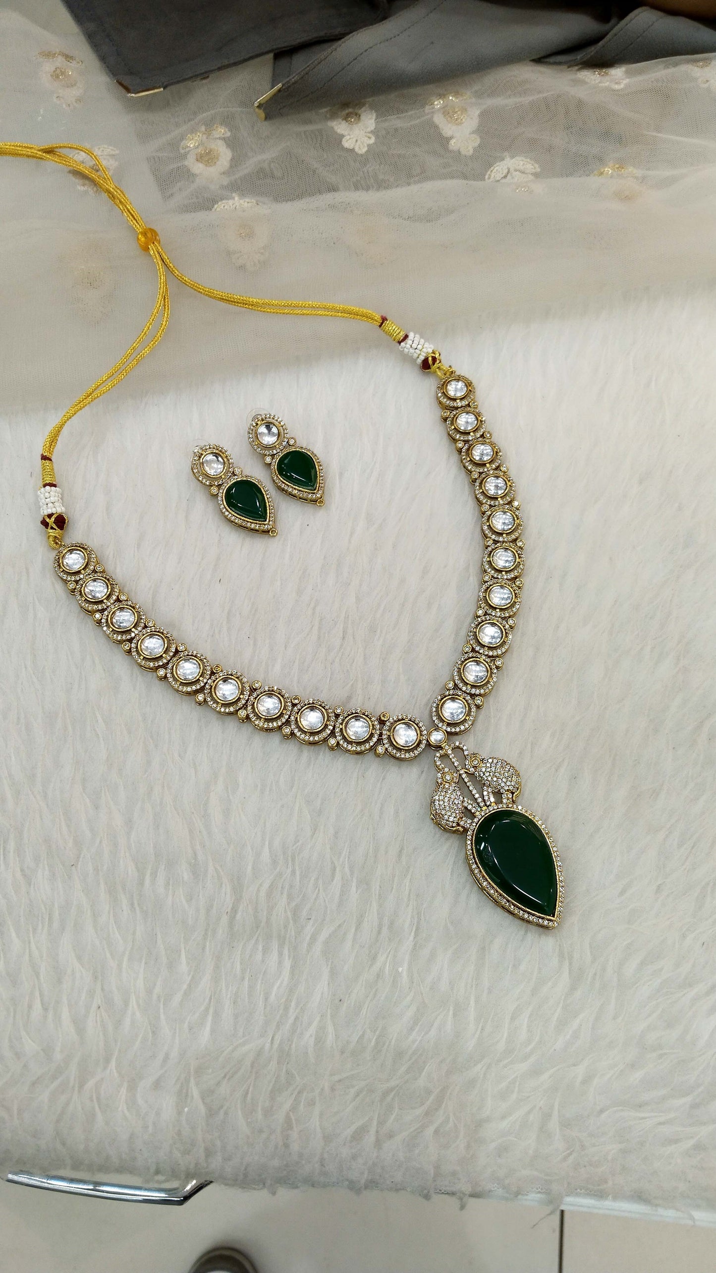 Moissanite kundan long Green necklace set Indian Jewellery Sunita Wedding Set
