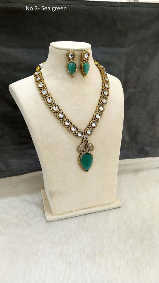 Moissanite kundan long sea green necklace set Indian Jewellery Sunita Wedding Set