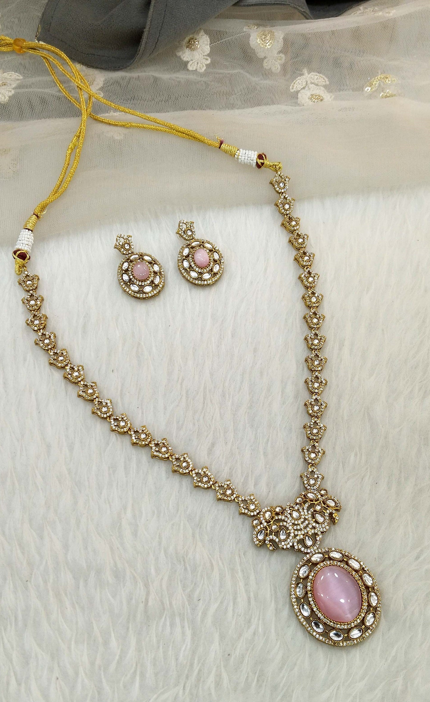 Moissanite kundan pink long necklace set Indian Jewellery Sunita Wedding Set
