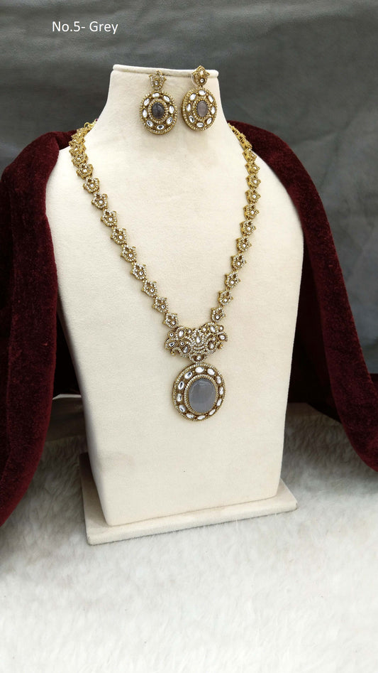 Grey Moissanite kundan long  necklace set Indian Jewellery Sunita Wedding Set