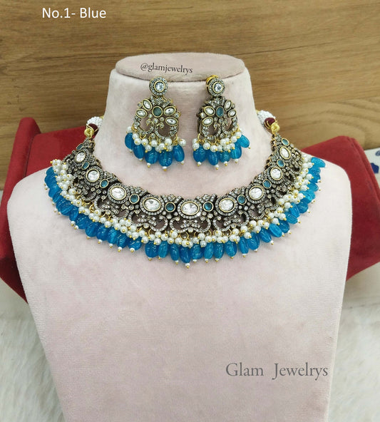 Moissanite kundan blue necklace Indian Jewellery Sunita Wedding Set
