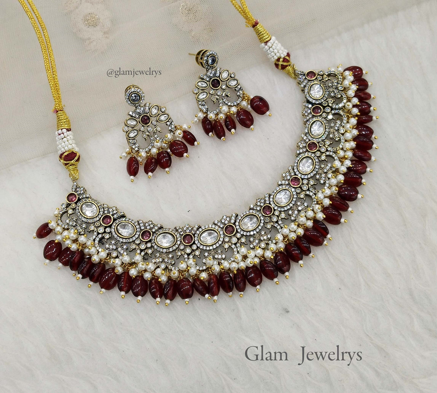 Moissanite kundan Maroon necklace Indian Jewellery Sunita Wedding Set