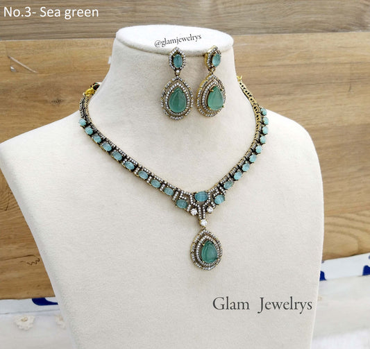 Moissanite kundan  sea green necklace Indian Jewellery Sunita Wedding Set