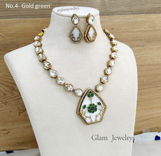 Moissanite kundan Gold green necklace Indian Jewellery Sunita Wedding Set