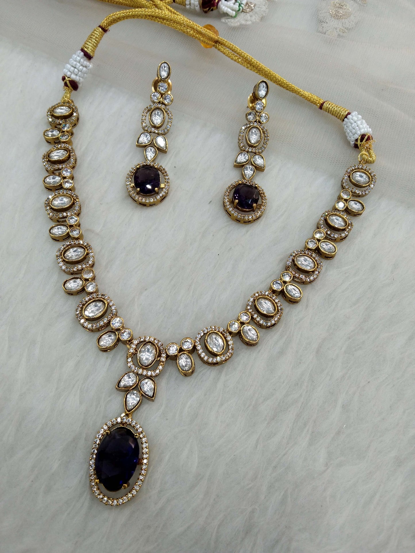 Moissanite kundan Gold Purple necklace Indian Jewellery Shweta Wedding Set