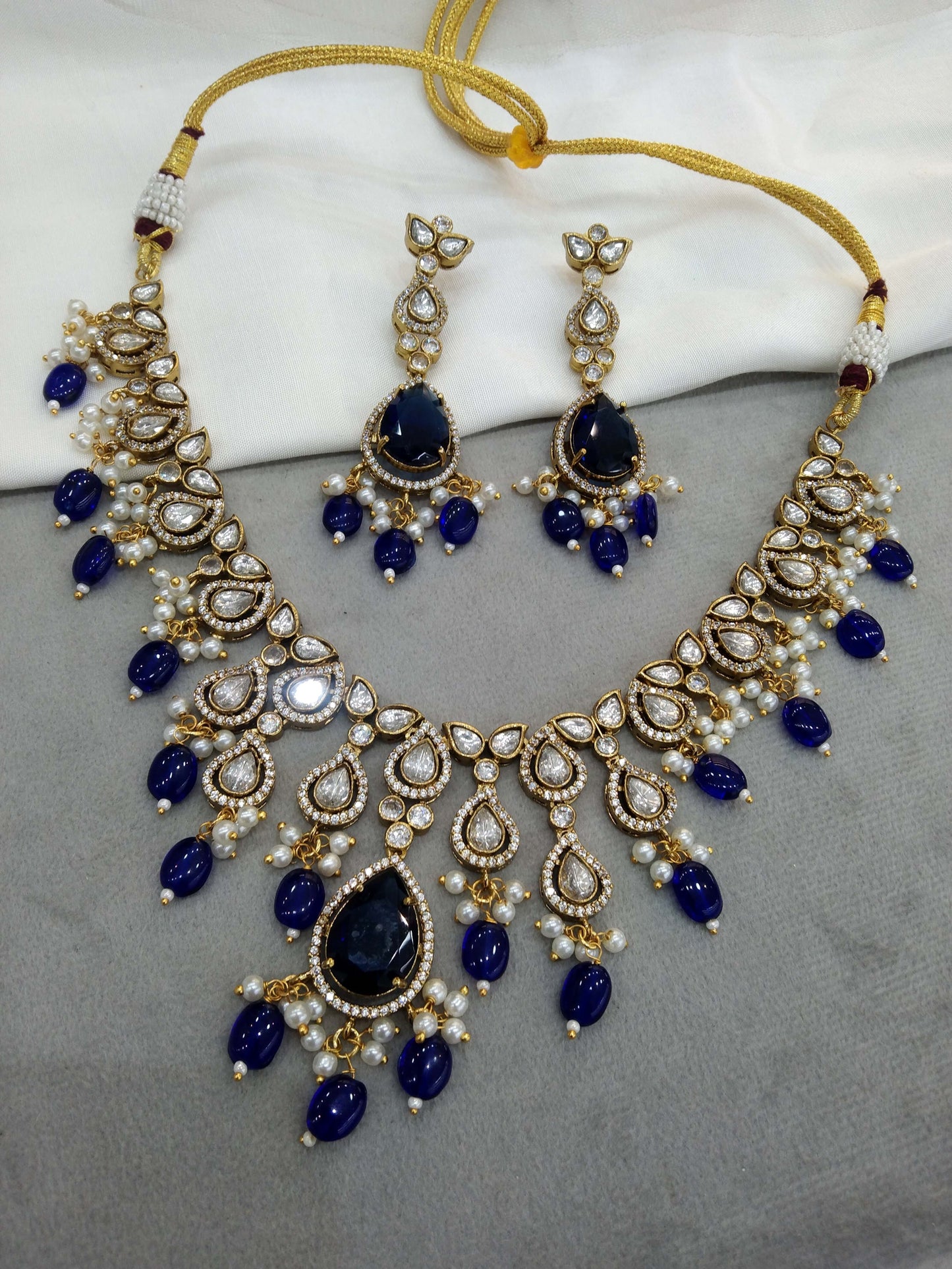Blue Moissanite Next To Real Kundan Gold Necklace Set Indian Jewellery Shweta Wedding Set