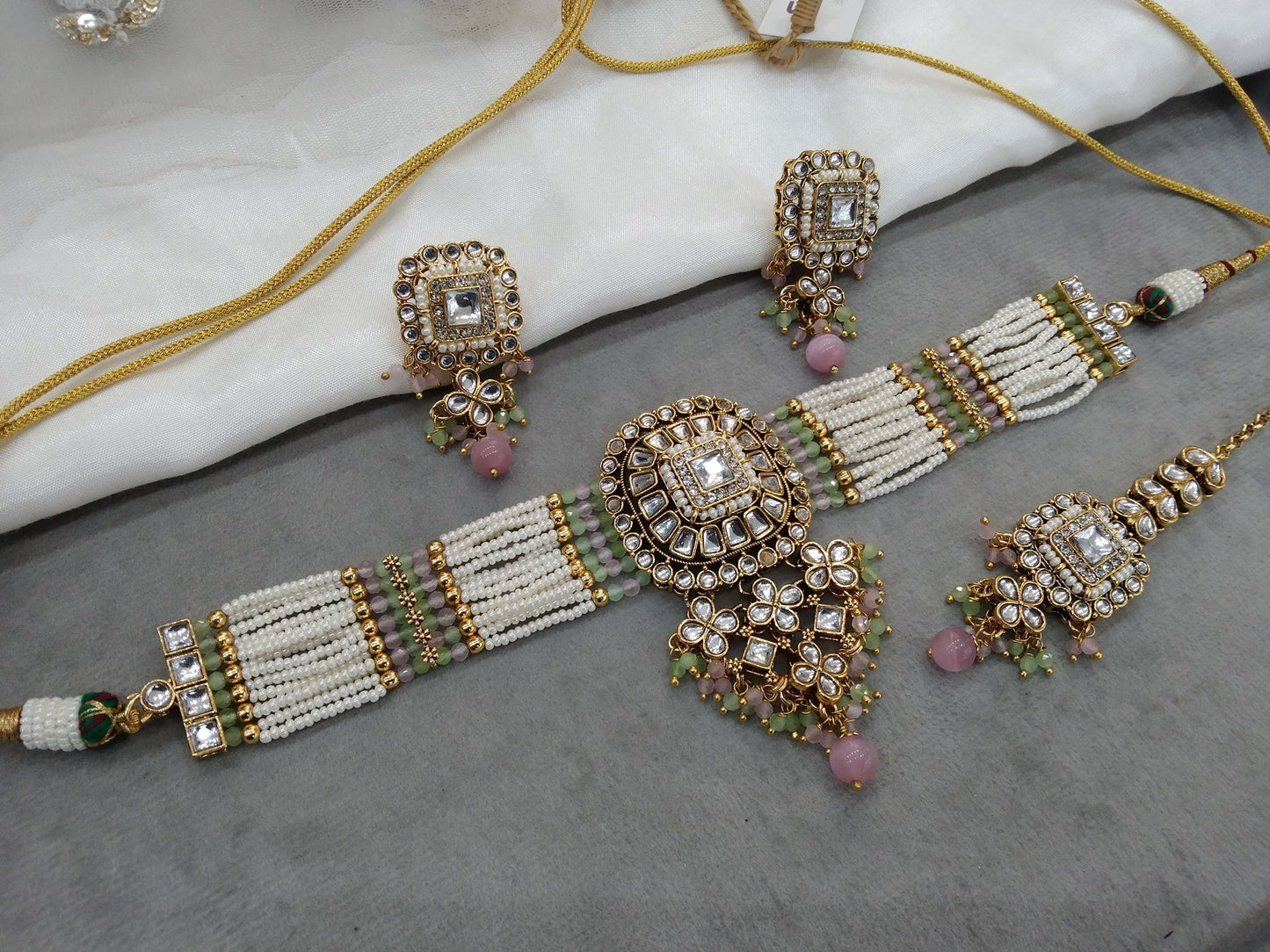 Indian Jewellery Gold Pista Pink Kundan choker Set/ kundan choker Priya Jewellery Set